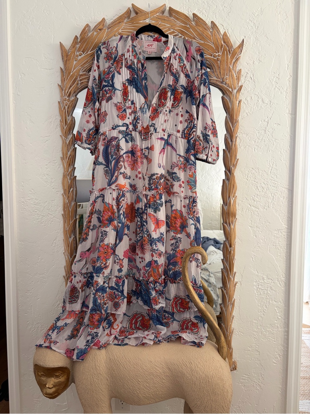 Banjanan Floral Maxi Dress in White with Blue & Pink Pattern